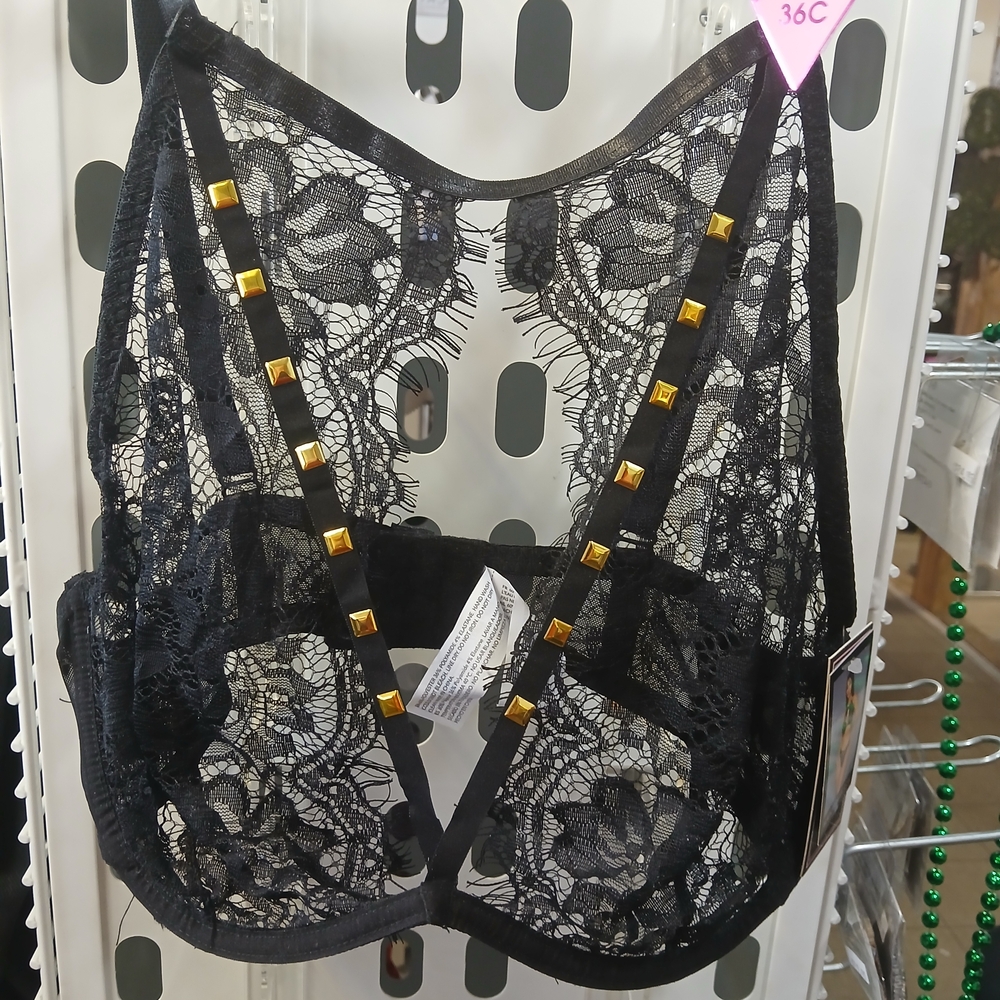 Chic Black Lace Bralette with Gold Accents